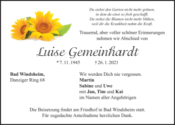 Traueranzeige von Luise Gemeinhardt von Windsheimer Zeitung Lokal