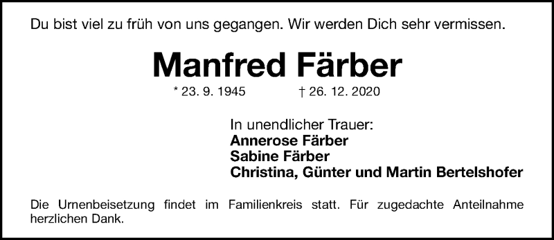  Traueranzeige für Manfred Färber vom 09.01.2021 aus Gesamtausgabe Nürnberger Nachrichten/ Nürnberger Ztg.