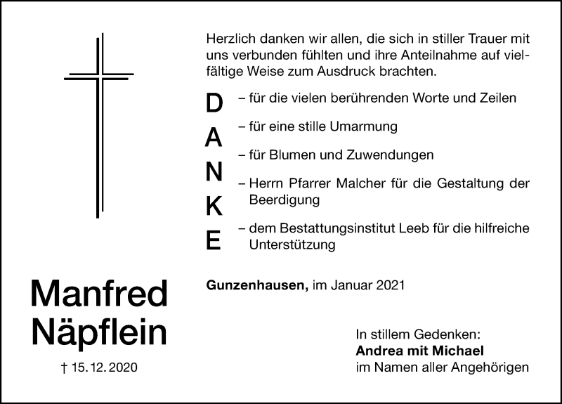  Traueranzeige für Manfred Näpflein vom 09.01.2021 aus Altmühl-Bote Lokal