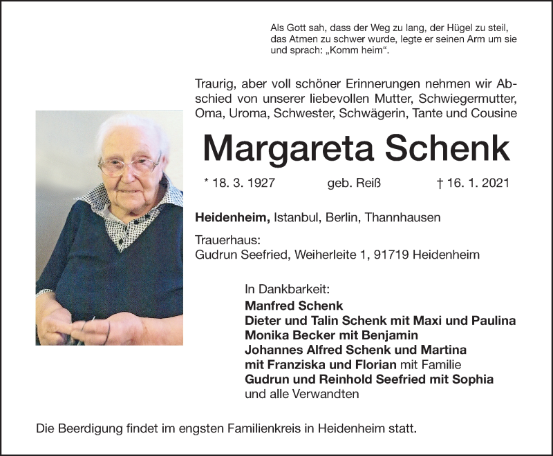  Traueranzeige für Margareta Schenk vom 19.01.2021 aus Altmühl-Bote Lokal