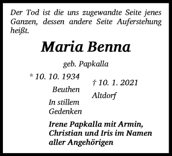 Traueranzeige von Maria Benna von Gesamtausgabe Nürnberger Nachrichten/ Nürnberger Ztg.