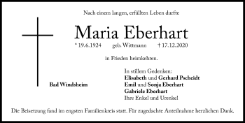 Traueranzeige von Maria Eberhart von Windsheimer Zeitung Lokal