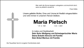 Traueranzeige von Maria Pietsch von Gesamtausgabe Nürnberger Nachrichten/ Nürnberger Ztg.