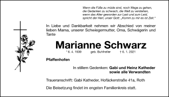 Traueranzeige von Marianne Schwarz von Roth-Hilpoltsteiner Volkszeitung Lokal