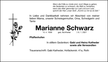 Traueranzeige von Marianne Schwarz von Roth-Hilpoltsteiner Volkszeitung Lokal