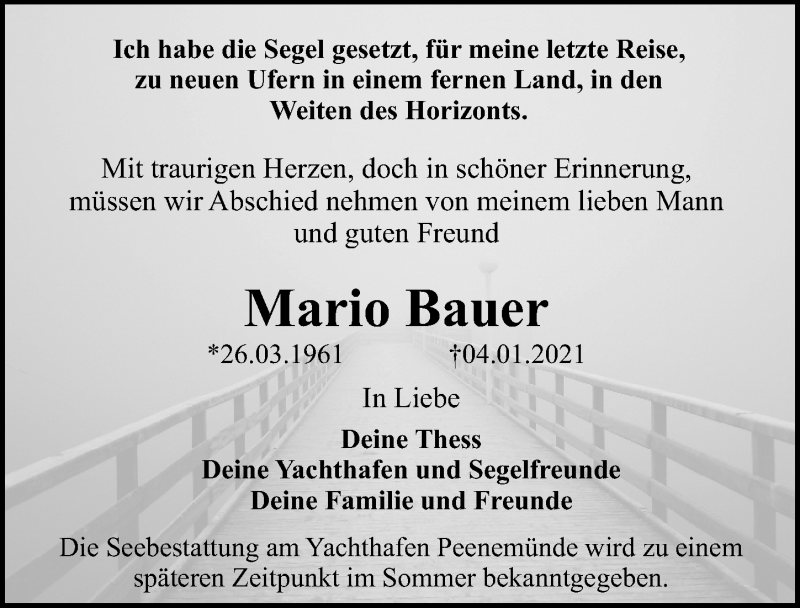  Traueranzeige für Mario Bauer vom 09.01.2021 aus Erlanger Nachrichten Lokal