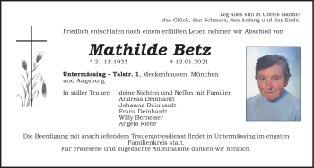 Traueranzeige von Mathilde Betz von Roth-Hilpoltsteiner Volkszeitung Lokal