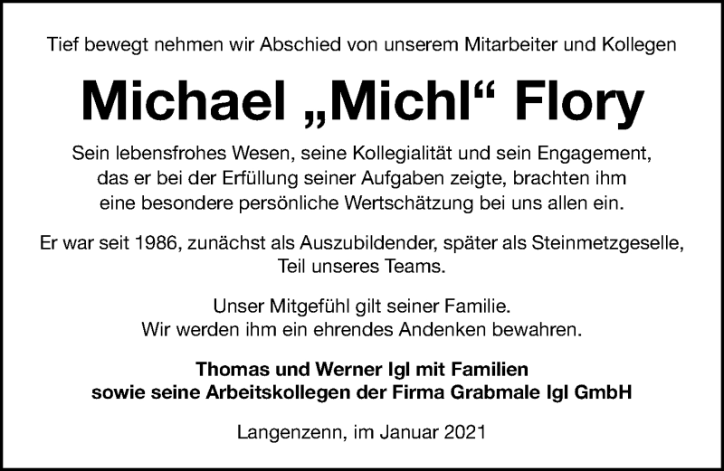  Traueranzeige für Michael Flory vom 20.01.2021 aus Fürther Nachrichten Lokal