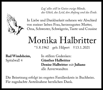 Traueranzeige von Monika Halbritter von Windsheimer Zeitung Lokal