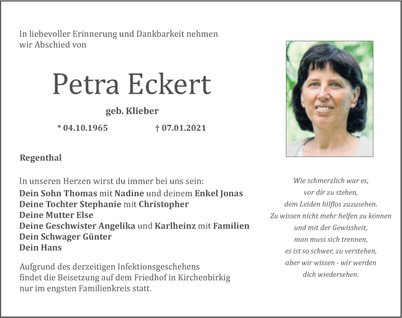 Traueranzeige für Petra Eckert vom 20.01.2021 aus Nordbayerische Nachrichten Pegnitz Lokal