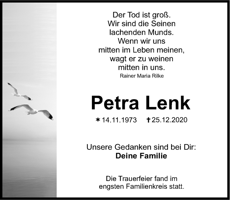  Traueranzeige für Petra Lenk vom 09.01.2021 aus Gesamtausgabe Nürnberger Nachrichten/ Nürnberger Ztg.