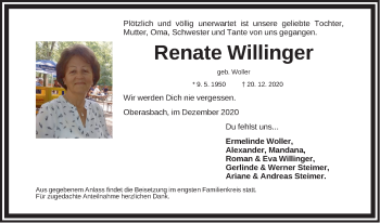 Traueranzeige von Renate Willinger von Gesamtausgabe Nürnberger Nachrichten/ Nürnberger Ztg.