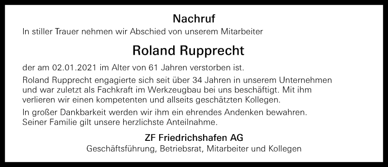  Traueranzeige für Roland Rupprecht vom 08.01.2021 aus Nordbayerische Nachrichten Pegnitz Lokal