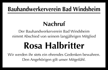 Traueranzeige von Rosa Halbritter von Windsheimer Zeitung Lokal