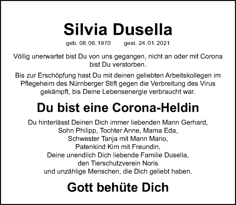  Traueranzeige für Silvia Dusella vom 29.01.2021 aus Gesamtausgabe Nürnberger Nachrichten/ Nürnberger Ztg.