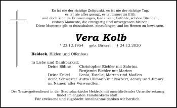 Traueranzeige von Vera Kolb von Roth-Hilpoltsteiner Volkszeitung Lokal