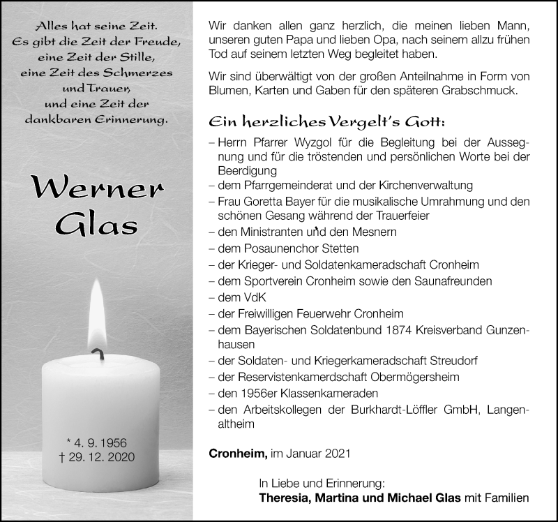  Traueranzeige für Werner Glas vom 09.01.2021 aus Altmühl-Bote Lokal