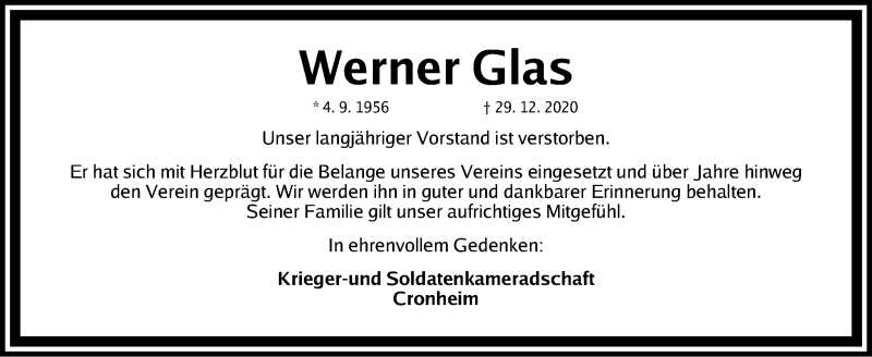  Traueranzeige für Werner Glas vom 02.01.2021 aus Altmühl-Bote Lokal