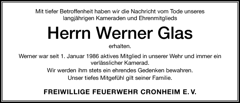  Traueranzeige für Werner Glas vom 04.01.2021 aus Altmühl-Bote Lokal