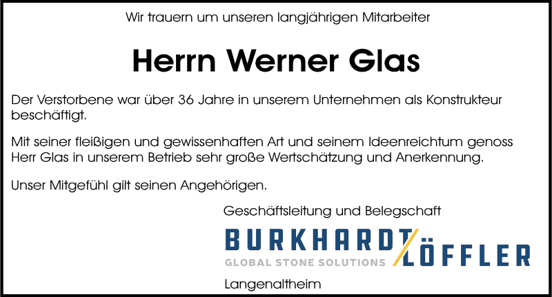  Traueranzeige für Werner Glas vom 13.01.2021 aus Altmühl-Bote Lokal