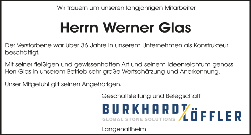  Traueranzeige für Werner Glas vom 13.01.2021 aus Weißenburger Tagblatt u.Treuchtlinger Kurier Lokal