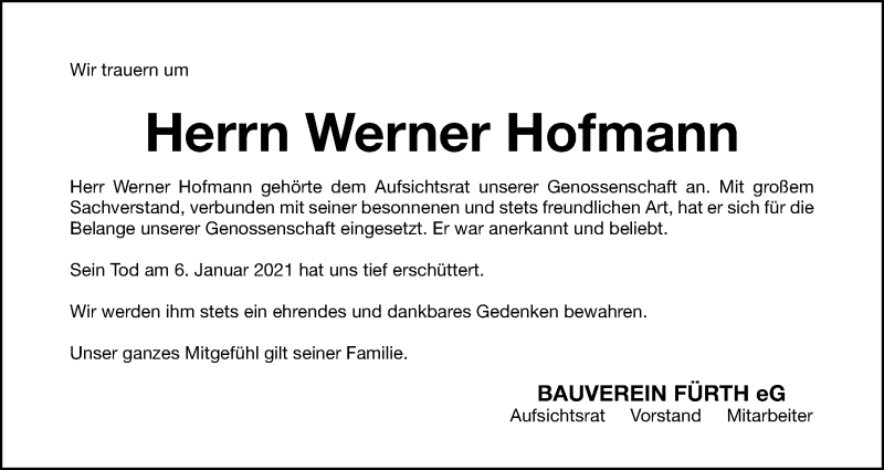 Traueranzeige für Werner Hofmann vom 20.01.2021 aus Fürther Nachrichten Lokal