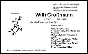 Traueranzeige von Willi Großmann von Gesamtausgabe Nürnberger Nachrichten/ Nürnberger Ztg.