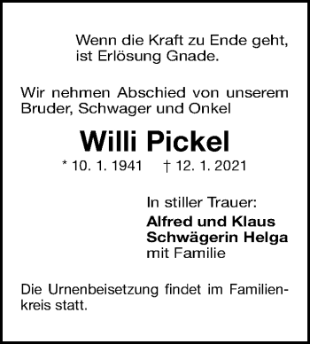 Traueranzeige von Willi Pickel von Gesamtausgabe Nürnberger Nachrichten/ Nürnberger Ztg.