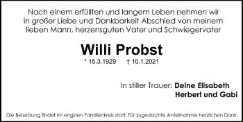 Traueranzeige von Willi Probst von Schwabacher Tagblatt Lokal