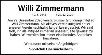 Traueranzeige von Willi Zimmermann von Fürther Nachrichten Lokal