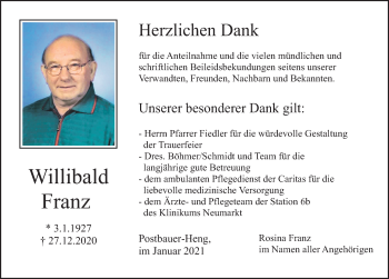 Traueranzeige von Willibald Franz von Neumarkter Nachrichten Lokal