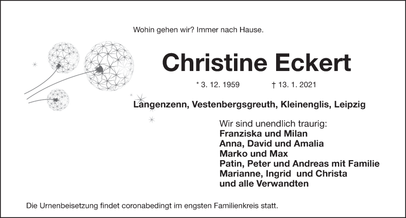  Traueranzeige für Christine Eckert vom 19.01.2021 aus Gesamtausgabe Nürnberger Nachrichten/ Nürnberger Ztg.