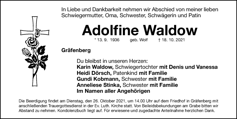  Traueranzeige für Adolfine Waldow vom 23.10.2021 aus Nordbayerische Nachrichten Forchheim Lokal