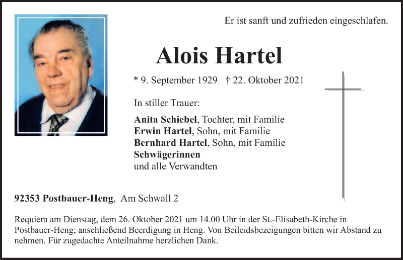 Traueranzeige für Alois Hartel vom 23.10.2021 aus Neumarkter Nachrichten Lokal