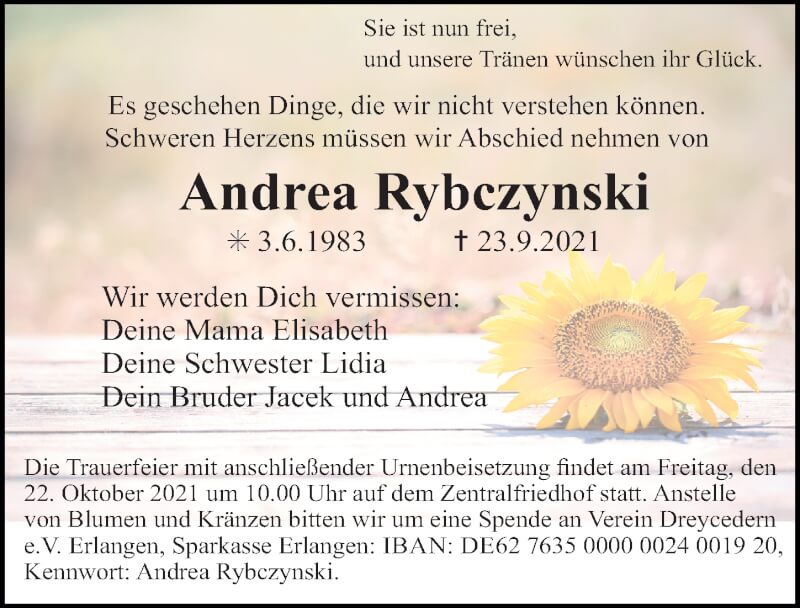  Traueranzeige für Andrea Rybczynski vom 16.10.2021 aus Erlanger Nachrichten Lokal