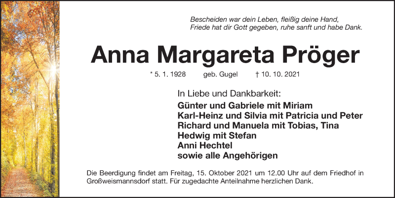  Traueranzeige für Anna Margareta Pröger vom 13.10.2021 aus Fürther Nachrichten Lokal