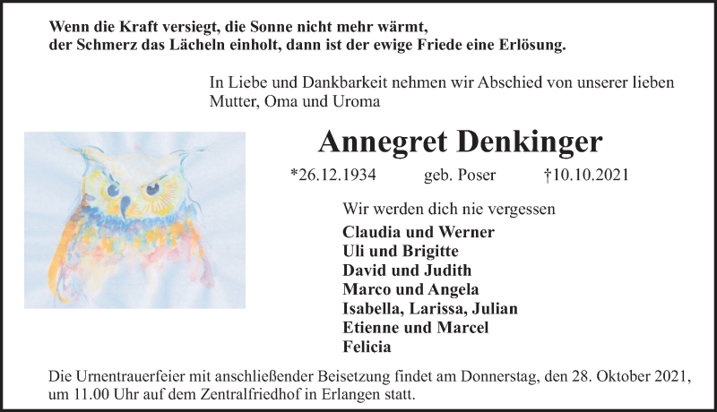  Traueranzeige für Annegret Denkinger vom 23.10.2021 aus Erlanger Nachrichten Lokal