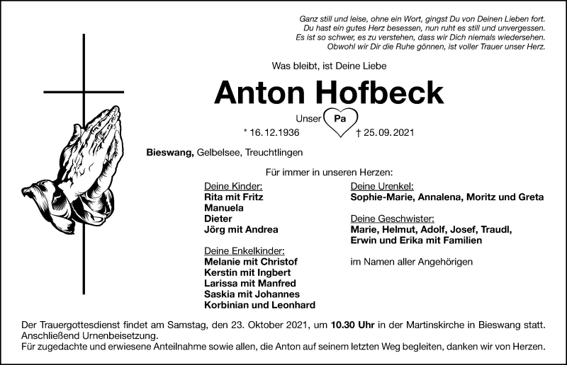  Traueranzeige für Anton Hofbeck vom 21.10.2021 aus Weißenburger Tagblatt u.Treuchtlinger Kurier Lokal
