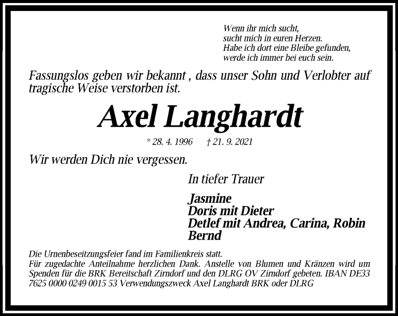  Traueranzeige für Axel Langhardt vom 02.10.2021 aus Fürther Nachrichten Lokal