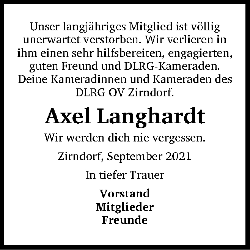  Traueranzeige für Axel Langhardt vom 02.10.2021 aus Fürther Nachrichten Lokal