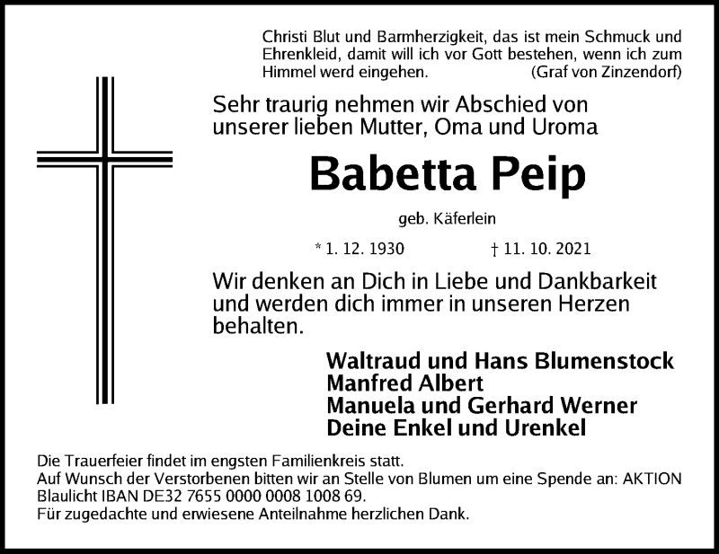  Traueranzeige für Babetta Peip vom 14.10.2021 aus Schwabacher Tagblatt Lokal