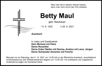 Traueranzeige von Betty Maul von Nordbayerische Nachrichten Pegnitz Lokal