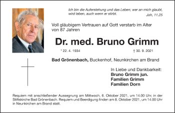 Traueranzeige von Bruno Grimm von Erlanger Nachrichten/ Nordbayer. Nachrichten Forchheim