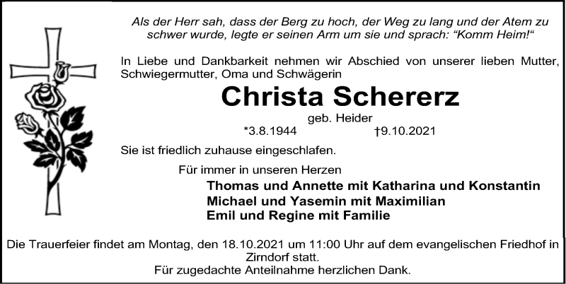  Traueranzeige für Christa Schererz vom 15.10.2021 aus Fürther Nachrichten Lokal