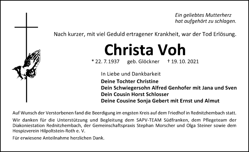  Traueranzeige für Christa Voh vom 26.10.2021 aus Schwabacher Tagblatt Lokal
