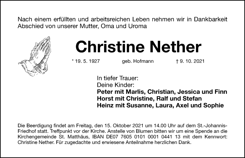  Traueranzeige für Christine Nether vom 14.10.2021 aus Gesamtausgabe Nürnberger Nachrichten/ Nürnberger Ztg.