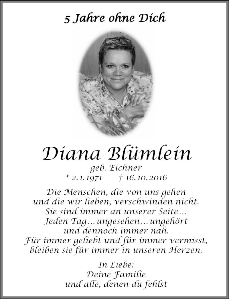  Traueranzeige für Diana Blümlein vom 16.10.2021 aus Windsheimer Zeitung Lokal