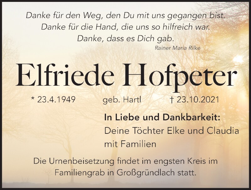  Traueranzeige für Elfriede Hofpeter vom 30.10.2021 aus Gesamtausgabe Nürnberger Nachrichten/ Nürnberger Ztg.