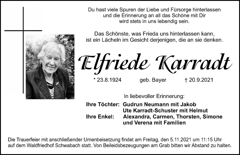  Traueranzeige für Elfriede Karradt vom 26.10.2021 aus Schwabacher Tagblatt Lokal