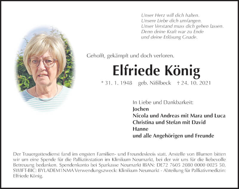  Traueranzeige für Elfriede König vom 30.10.2021 aus Gesamtausgabe Nürnberger Nachrichten/ Nürnberger Ztg.